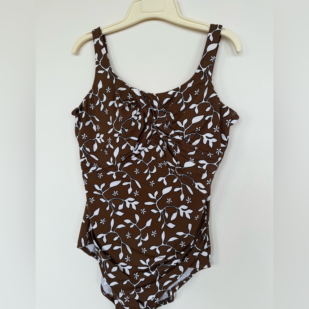 Lands End Women’s One Piece Brown & White Floral Swimsuit Size 14.